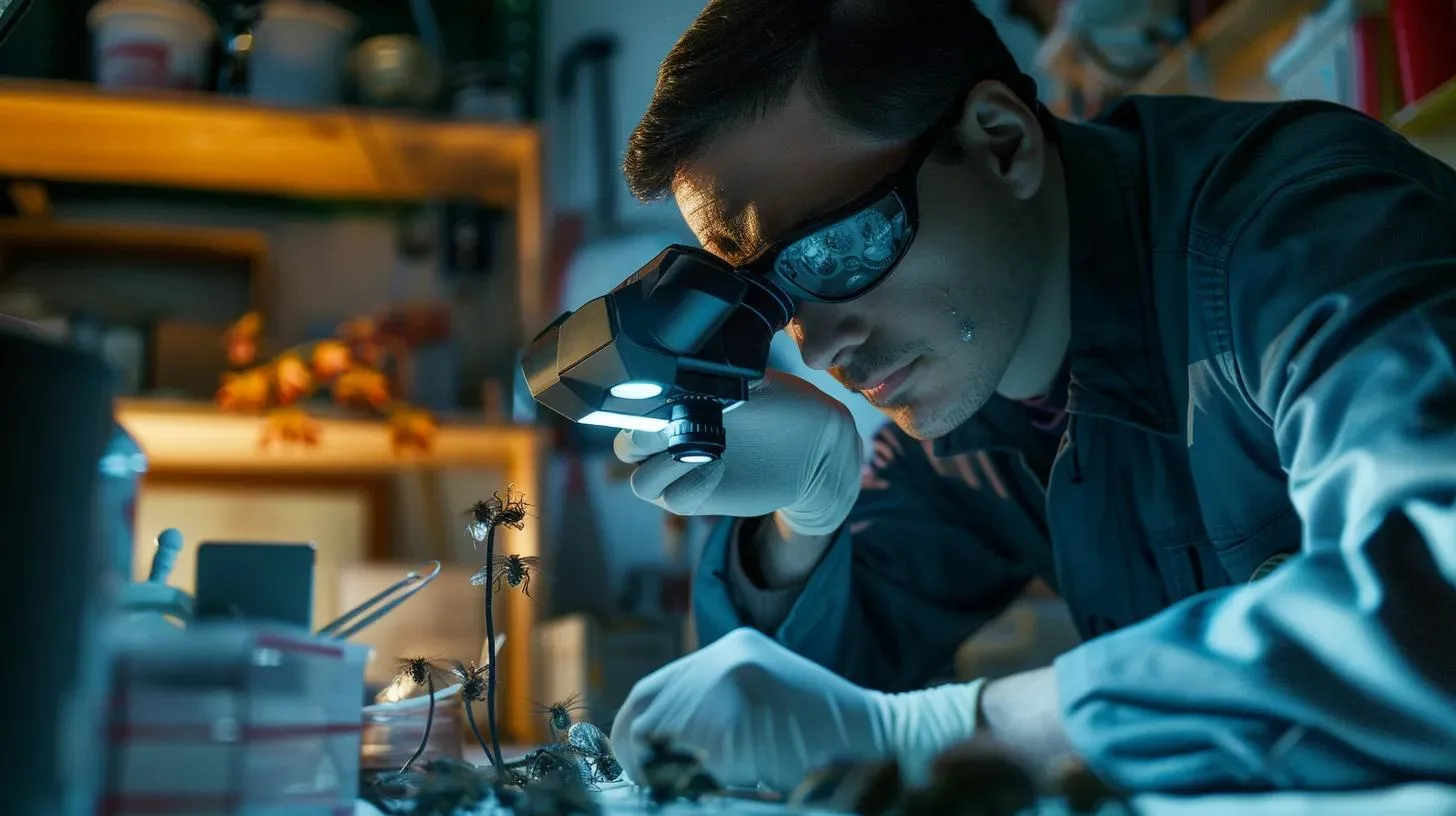 Key Factors Impacting Pest Control Costs Near You 2 a close-up view of a professional pest control technician inspecting a residential property, surrounded by various high-tech equipment and tools, highlighting the severity assessment of an infestation in an urban indoor setting.