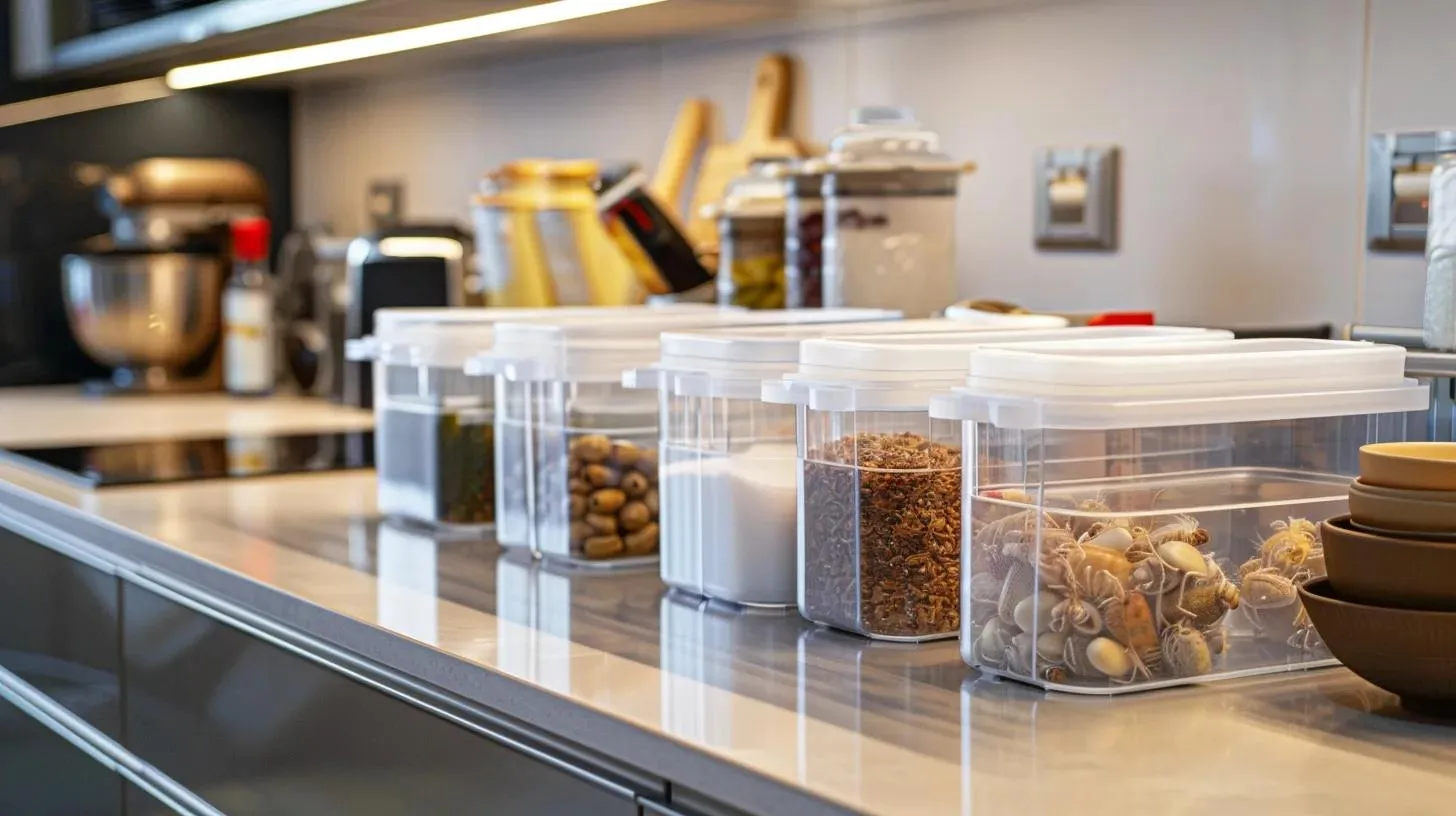 Keep Roaches Away: Key Tips After Extermination 1 a sleek, modern kitchen with a pristine countertop showcasing airtight food storage containers and sparkling clean surfaces, emphasizing cleanliness and organization to deter roach infestations.