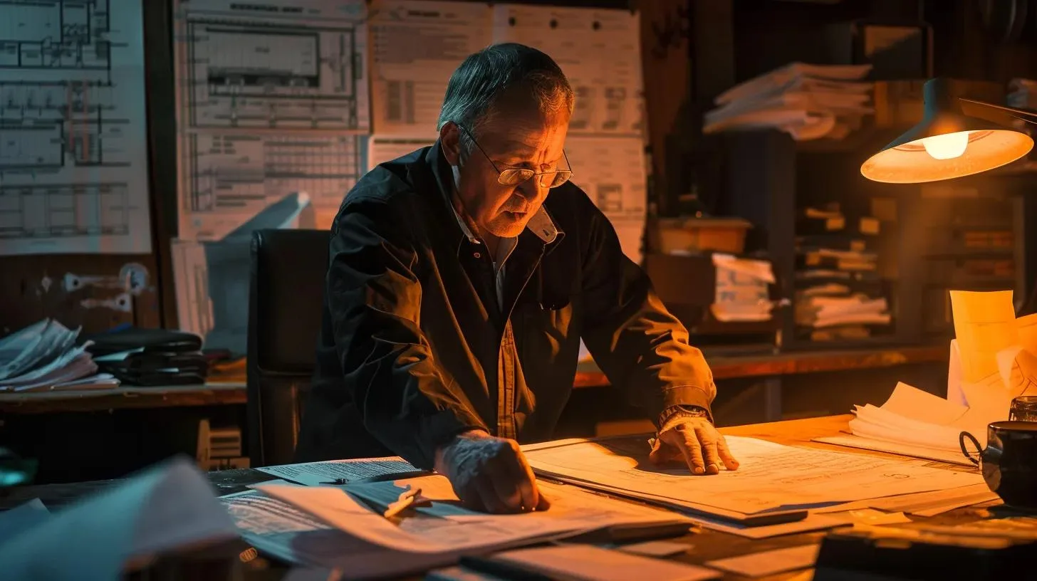 Finding the Best Local Pest Control Services for Your Needs 1 a focused urban office setting showcases a pest control professional analyzing blueprints on a desk, surrounded by evidence of pest activity such as chewed wires and infestation reports, emphasizing the urgent need for tailored pest management solutions.