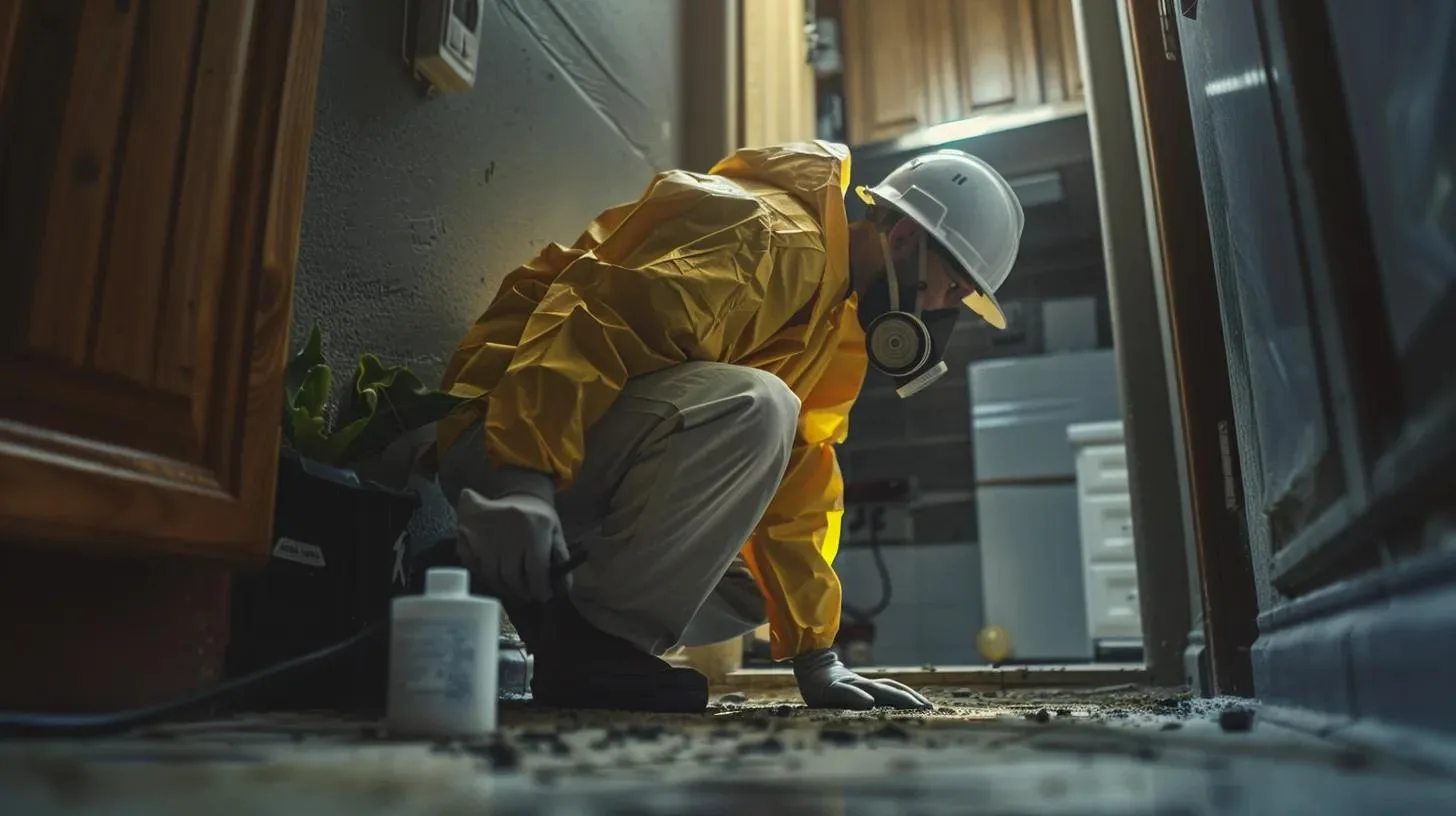 Effective Pest Control Solutions for Residential Spaces 4 a professional pest control technician examines a home’s foundation in a well-lit, modern residential setting, showcasing the interplay of expertise and technology in effective pest management.
