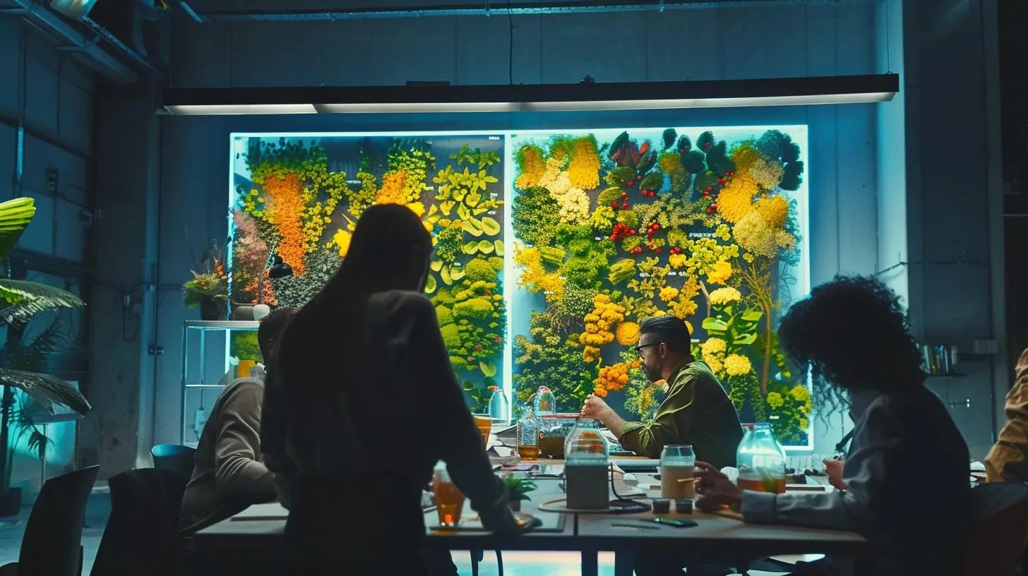 Mastering Visual Guides for Pest Identification 10 a detailed, brightly lit office environment features a diverse group of agricultural professionals attentively examining a large colorful visual guide depicting various pests and beneficial insects, fostering a collaborative atmosphere focused on sustainable pest management strategies.