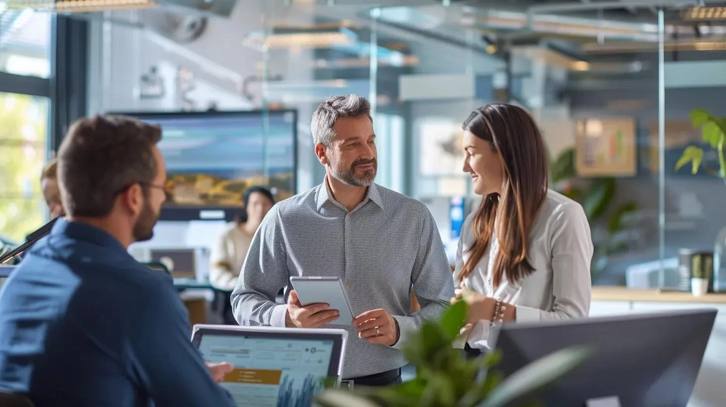 Exploring Local Pest Control Services Available Nearby 1 a focused and modern pest control office showcases a diverse team of professionals engaged in a detailed discussion over a digital tablet, surrounded by pest management tools and educational materials, emphasizing local expertise and tailored service solutions.