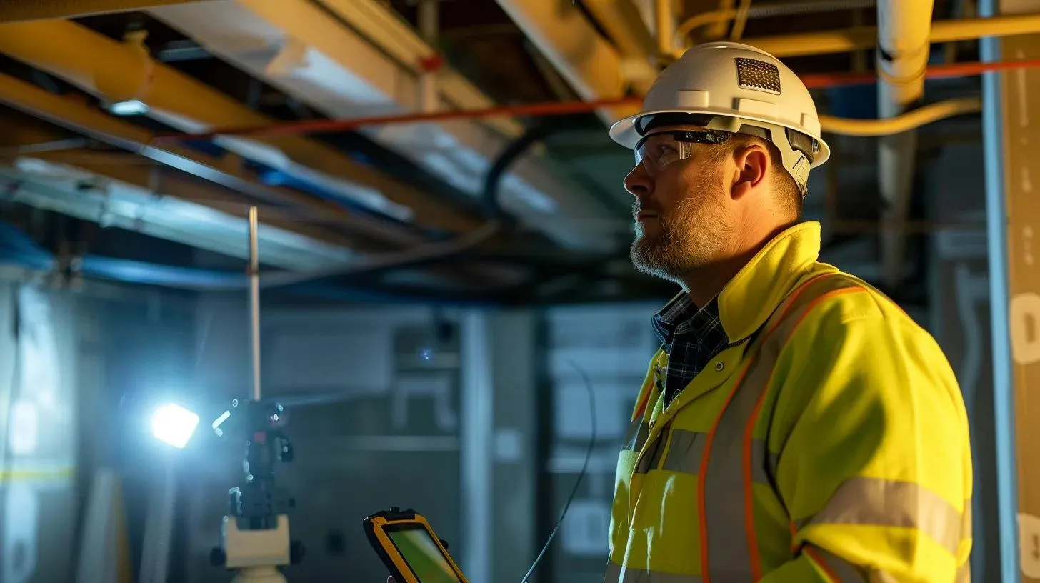 Choosing the Best WDO Inspection Service in Your Area 1 a modern office inspection setting featuring a professional inspecting a home's foundation with advanced tools like a moisture meter and thermal imaging camera, radiating a sense of reliability and thoroughness in property protection.