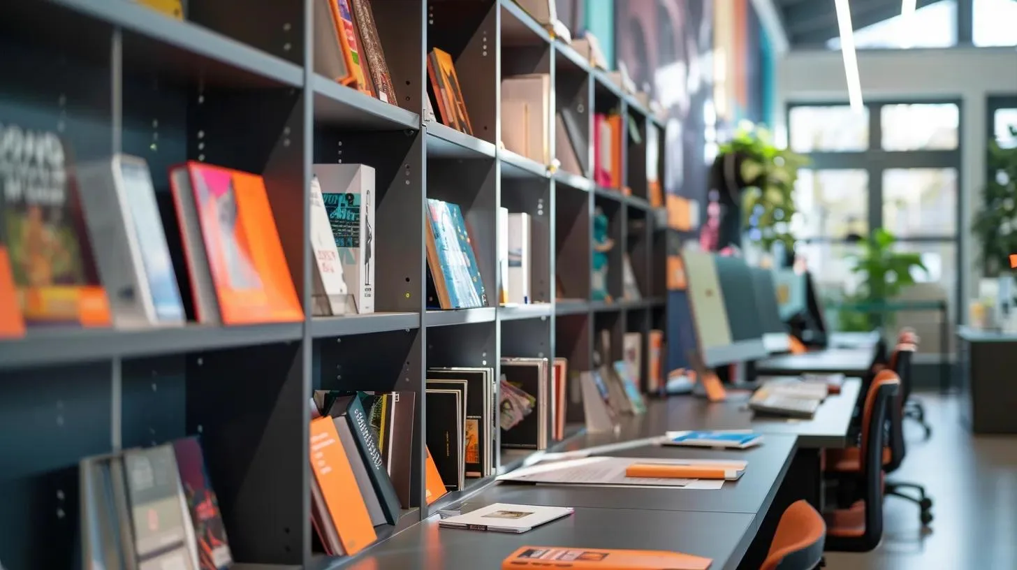 Mastering Visual Guides for Pest Identification 8 a sleek modern office workspace is filled with vibrant, printed visual pest identification guides and interactive e-book displays, showcasing a variety of formats designed for efficient identification and rapid decision-making on pest management.