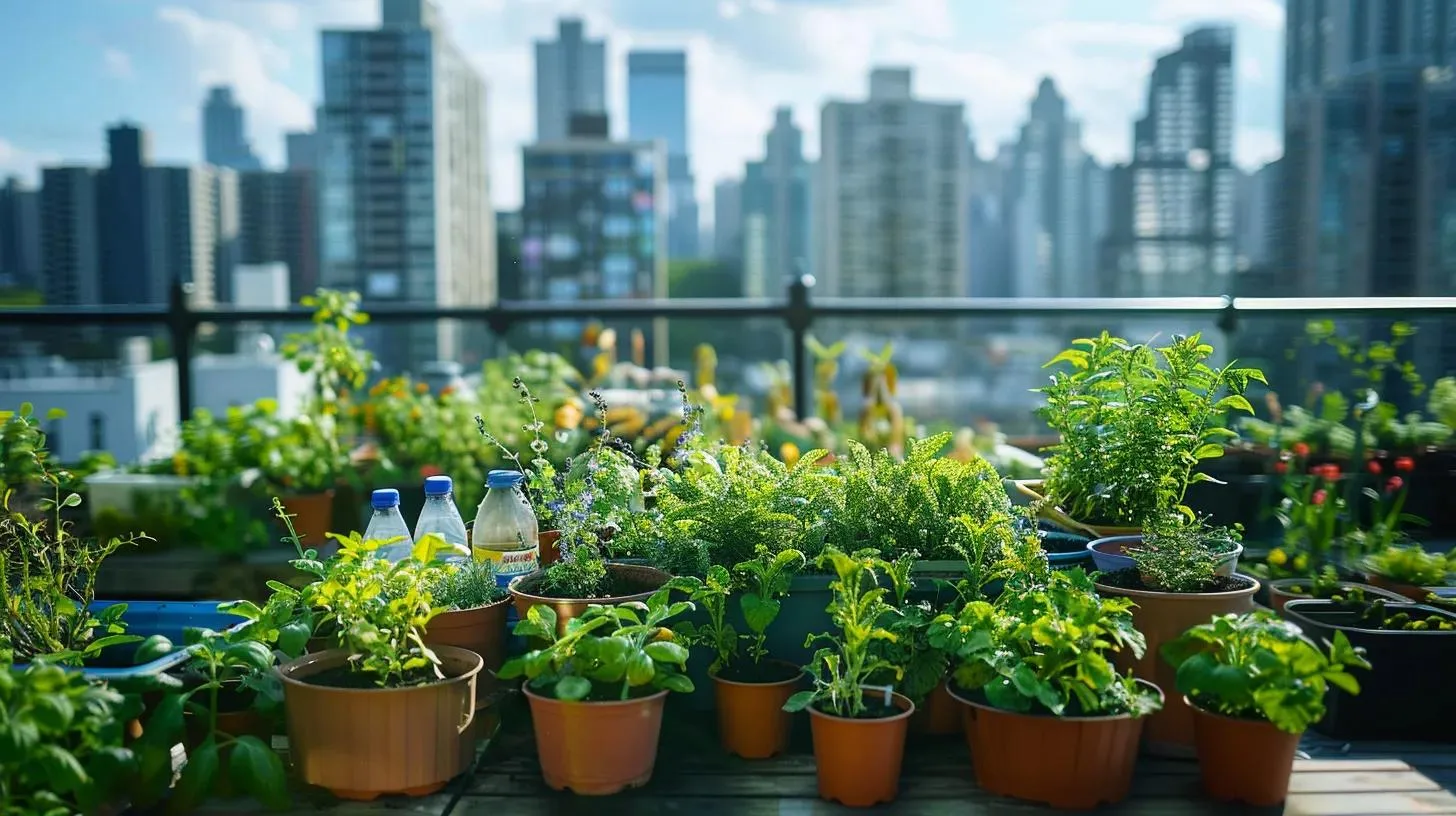 Effective Methods to Distinguish Beneficial Insects From Pests 3 a vibrant urban rooftop garden showcases a variety of organic pest control techniques, with carefully arranged potted plants and eco-friendly pest solutions like neem oil bottles and insecticidal soap prominently displayed against a city skyline backdrop.