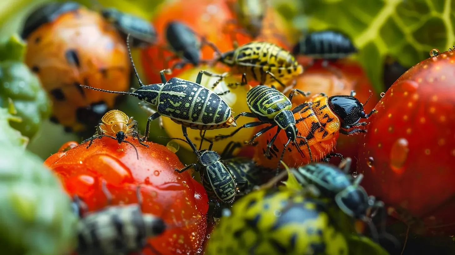 Mastering Visual Guides for Pest Identification 6 a vivid close-up of various agricultural pests, such as aphids and caterpillars, infesting vibrant crops in a greenhouse setting, showcasing distinctive features like body shapes and feeding marks alongside clear indicators of damage on the leaves.