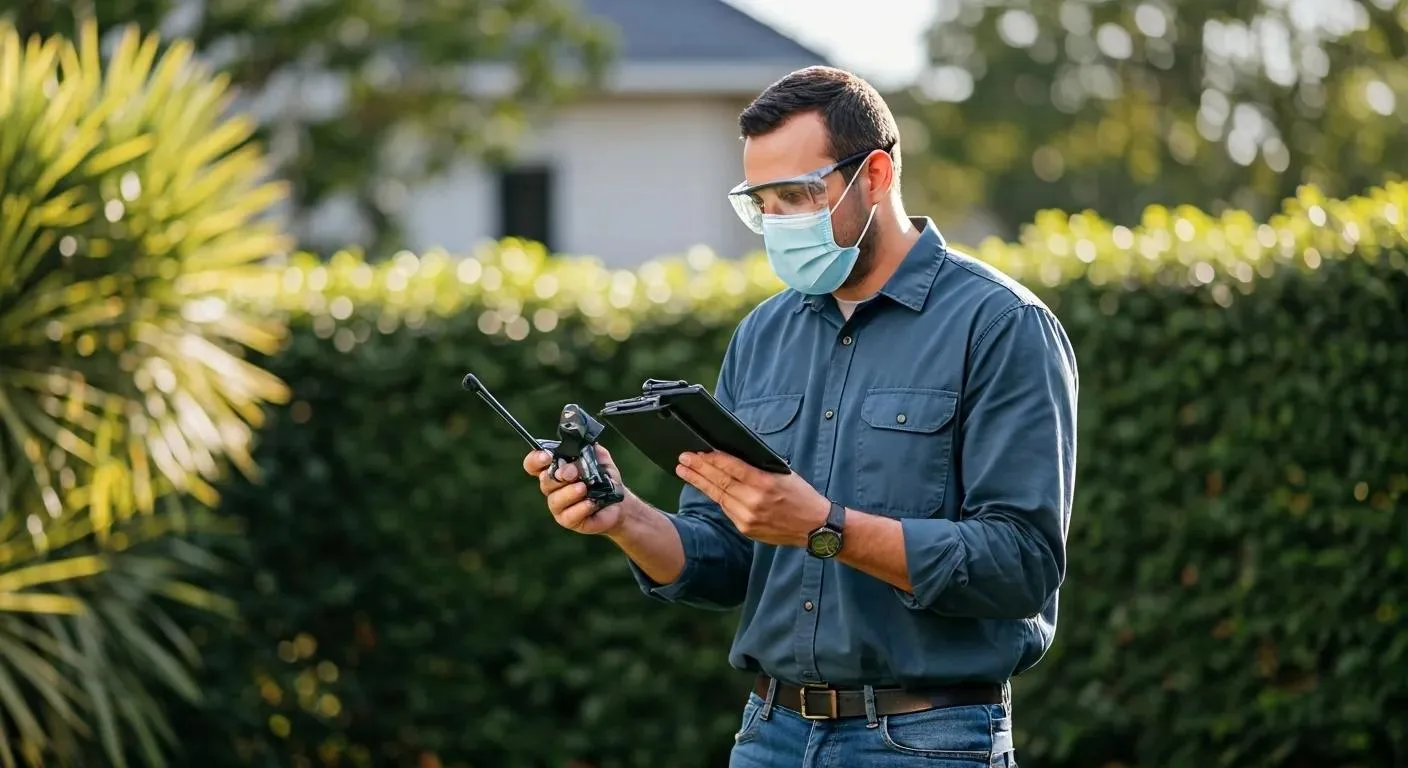 Affordable Mosquito Control Services Near Me This Summer 9 a professionally dressed pest control technician conducts a thorough inspection of a backyard, equipped with advanced tools and wearing protective gear, while strategically assessing mosquito population control measures against a well-maintained outdoor setting.
