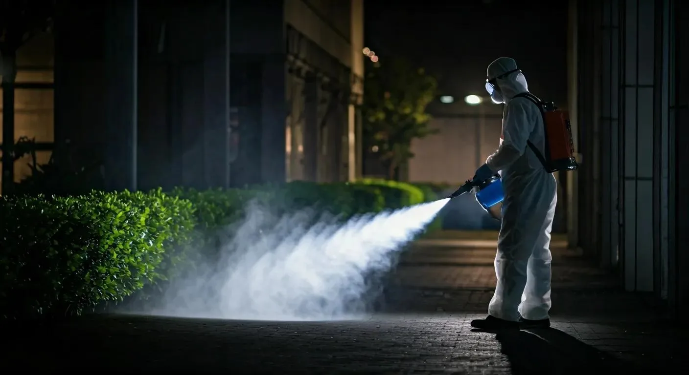 Affordable Mosquito Control Services Near Me This Summer 2 an urban outdoor setting at dusk depicts a technician in a safety suit expertly operating a ulv fogger, with a visible, fine mist enveloping the area to illustrate immediate mosquito control efforts.