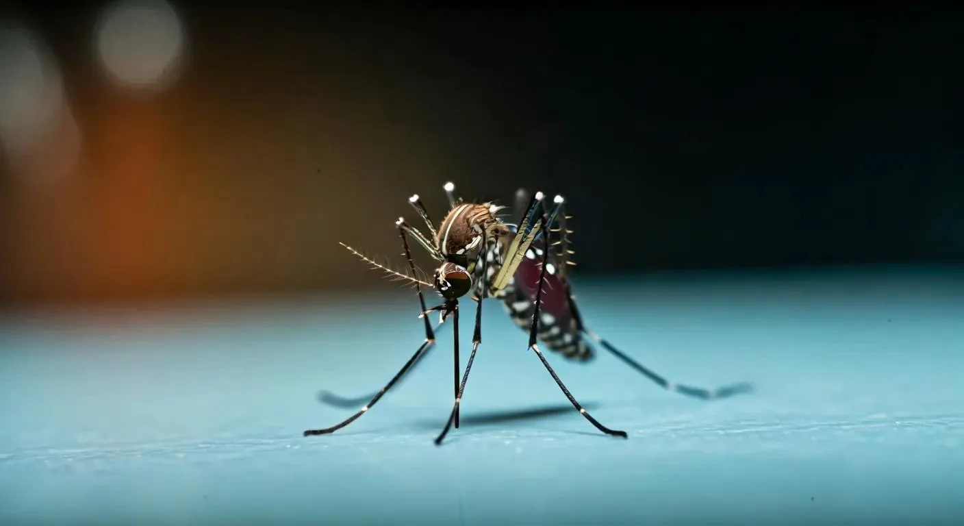 Affordable Mosquito Control Services Near Me This Summer 7 a close-up view of an aedes aegypti mosquito perched on a blood sample vial in a sterile laboratory setting, vividly highlighting its intricate body details and the potential for disease transmission.