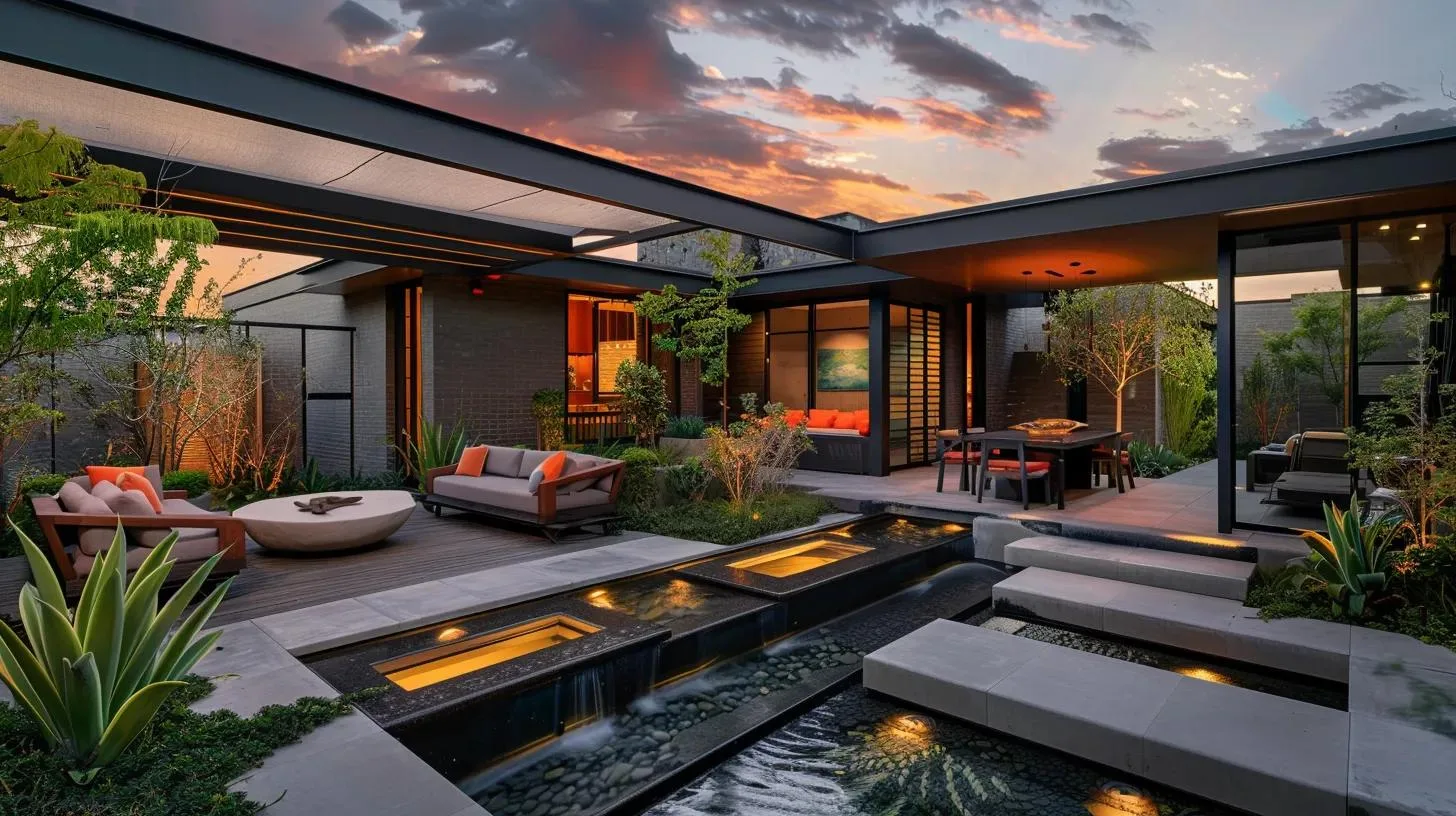 Affordable Mosquito Control Services Near Me This Summer 8 a modern outdoor entertaining space, equipped with stylish netting and sleek mosquito traps, showcases vibrant seating and decorative water features, all under a warm, inviting sunset glow, emphasizing a proactive approach to mosquito prevention this summer.