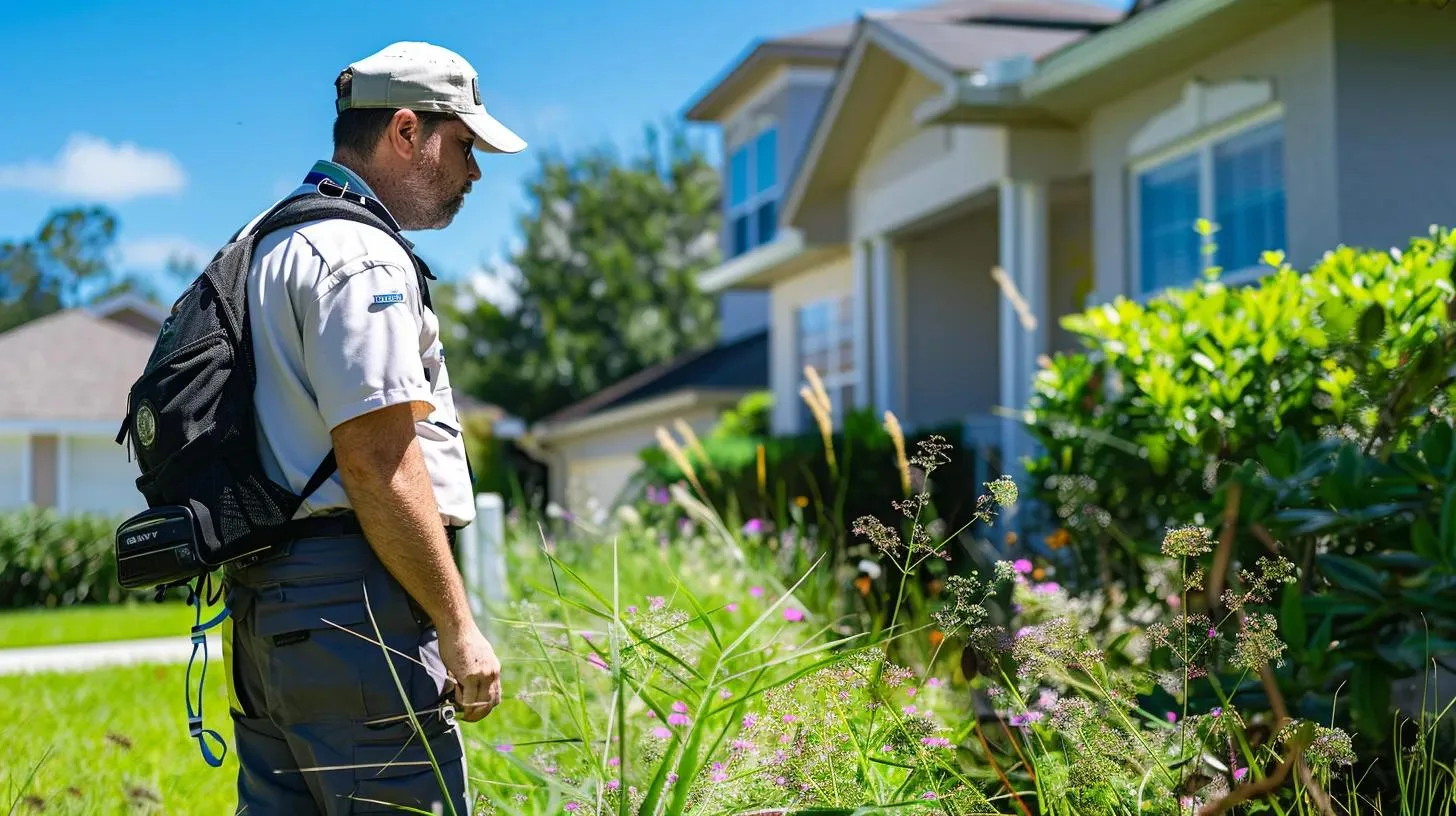 Guidelines for Choosing Effective Mosquito Prevention Options 2 a professional pest control technician conducts a thorough inspection of a suburban backyard, examining areas prone to mosquito breeding such as stagnant water and overgrown vegetation, set against a clear blue sky and a modern home in the background.