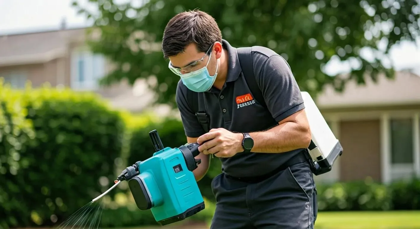 Affordable Mosquito Control Services Near Me This Summer 14 a professional pest control technician in a sleek, modern uniform meticulously examines a residential yard with advanced equipment, showcasing a robust mosquito control service in action under a bright, clear summer sky.