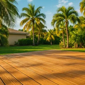 Wooden deck in tropical Miami backyard