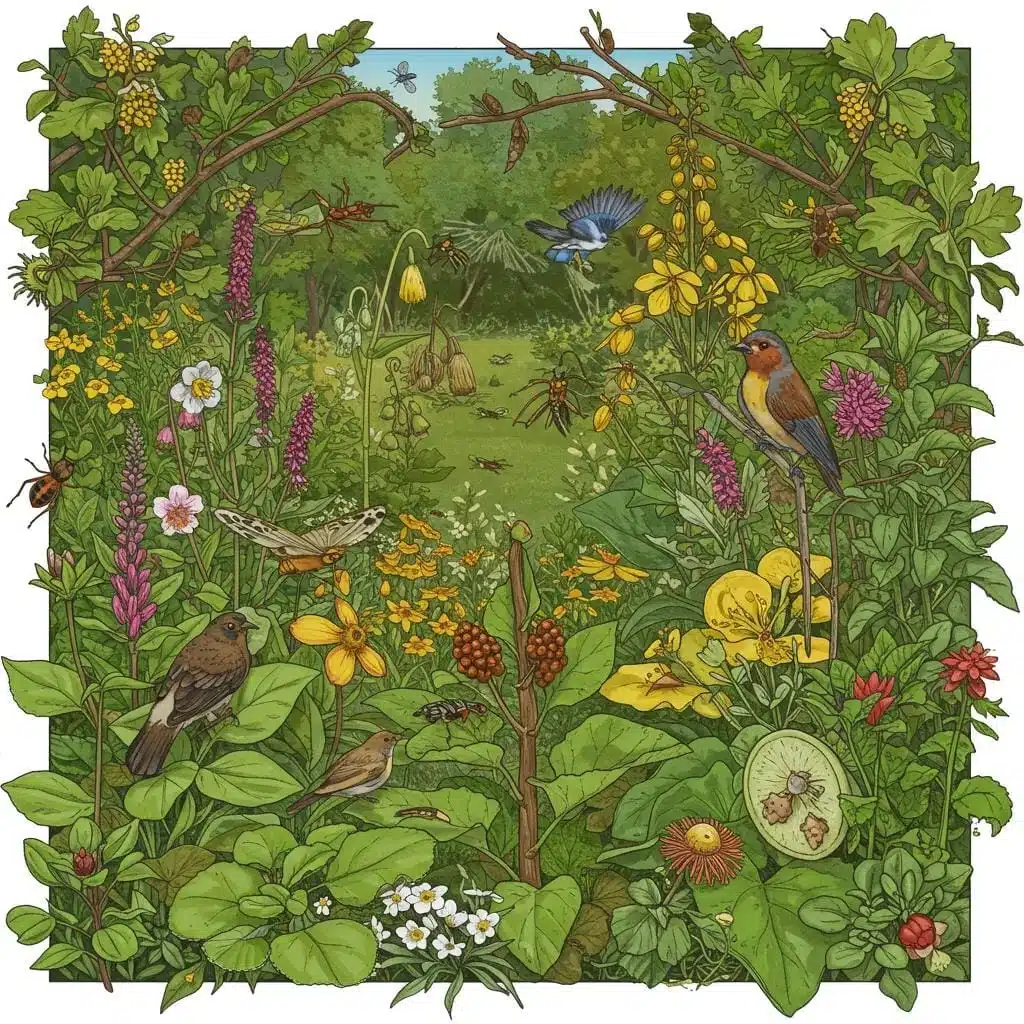 Comparing Long-Term Effects of Chemical and Natural Pest Control on Ecosystem Health 1 Lush garden with diverse flora and fauna.