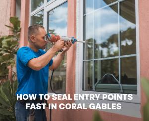 Man sealing window with caulking gun.